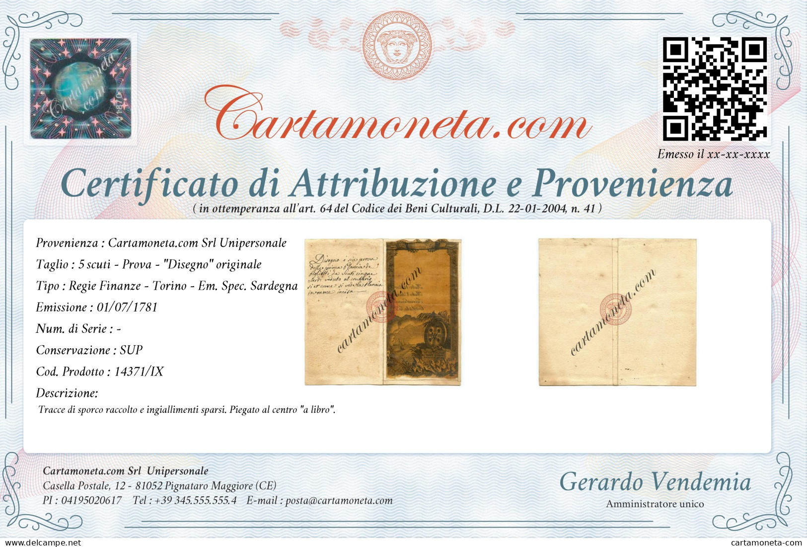 5 SCUTI PROVA DISEGNO ORIGINALE REGIE FINANZE EMISSIONE SARDEGNA 01/07/1781 SUP - Other & Unclassified