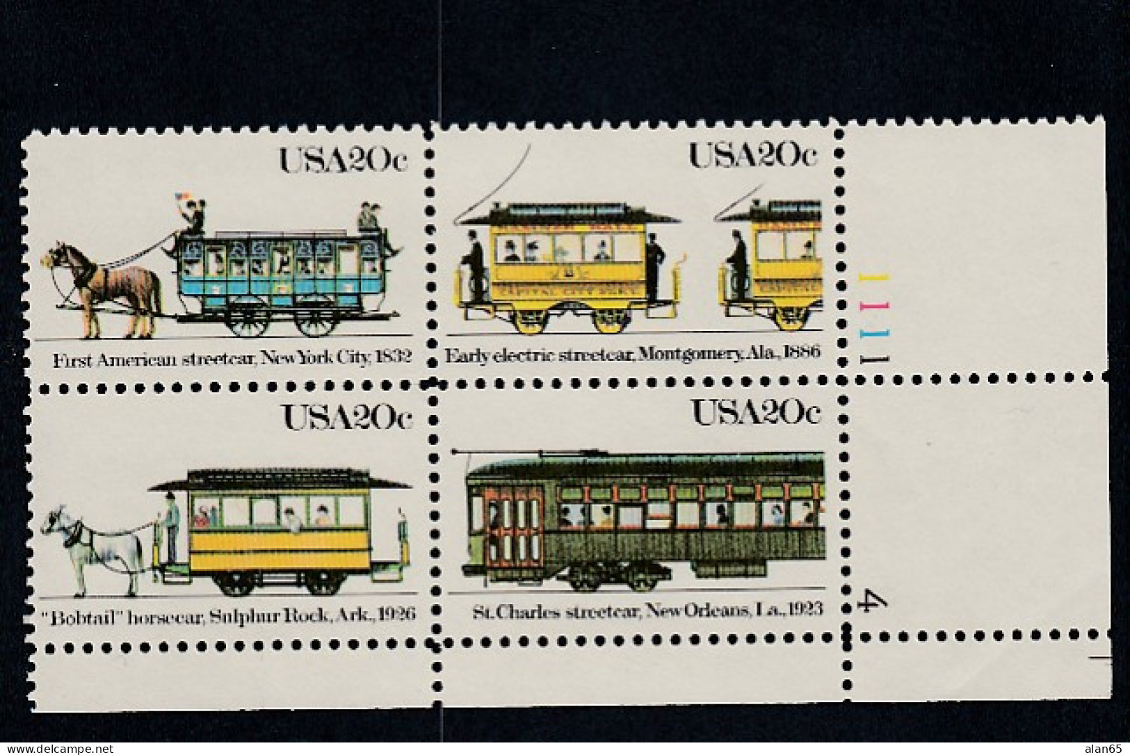 Sc#2059-2062, Streetcars 20-cent Plate # Block Of 4 MNH 1983 Issue - Plate Blocks & Sheetlets