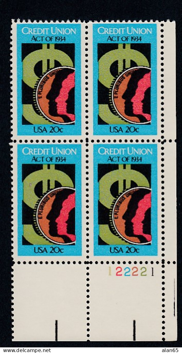 Sc#2075, Credit Union Act 50th Anniversary 20-cent Plate # Block Of 4 MNH 1984 Issue - Numero Di Lastre