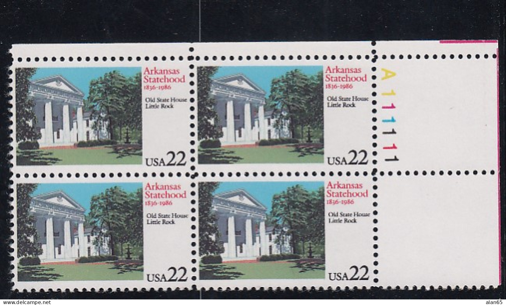 Sc#2167,  Arkansas Statehood 150th Anniversary 22-cent Plate # Block Of 4 MNH 1986 Issue - Plattennummern