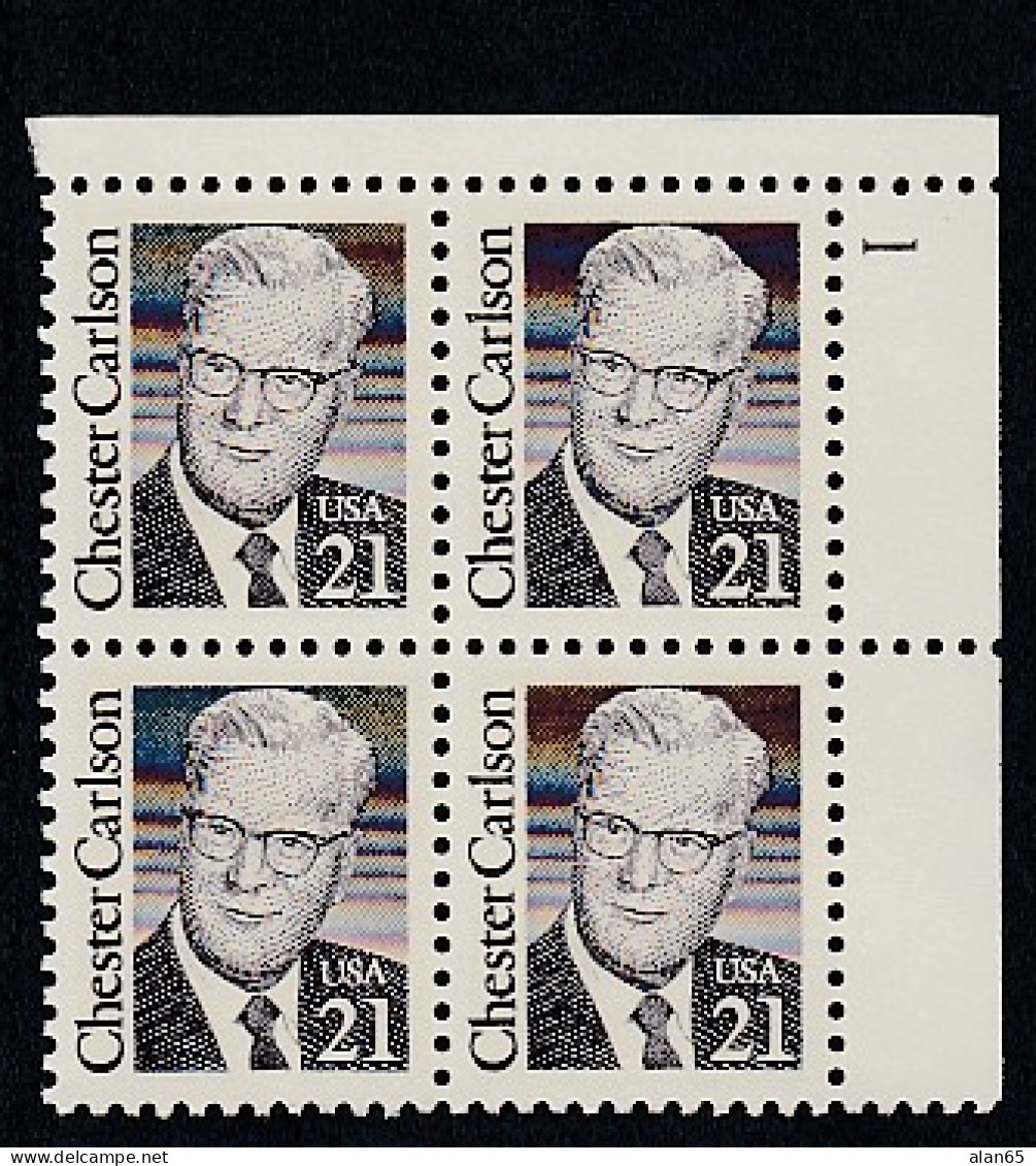 Sc#2180, Chester Carlson, US Physicist And Inventor, Great American Series 21-cent Plate # Block Of 4 MNH 1988 Issue - Plate Blocks & Sheetlets