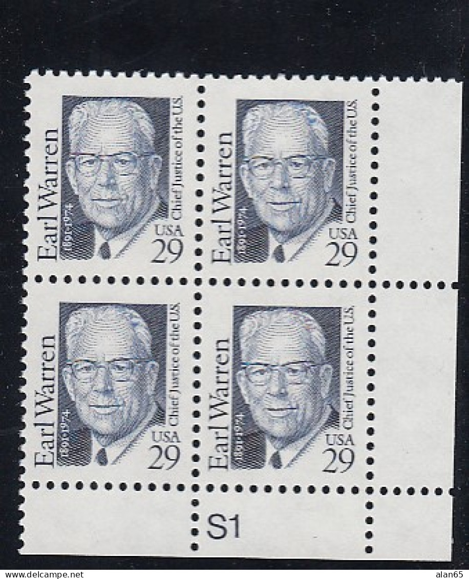 Sc#2184, Earl Warren Chief Justice Of US Surpreme Court, Great American Series 29-cent Plate # Block Of 4 MNH 1992 Issue - Plate Blocks & Sheetlets