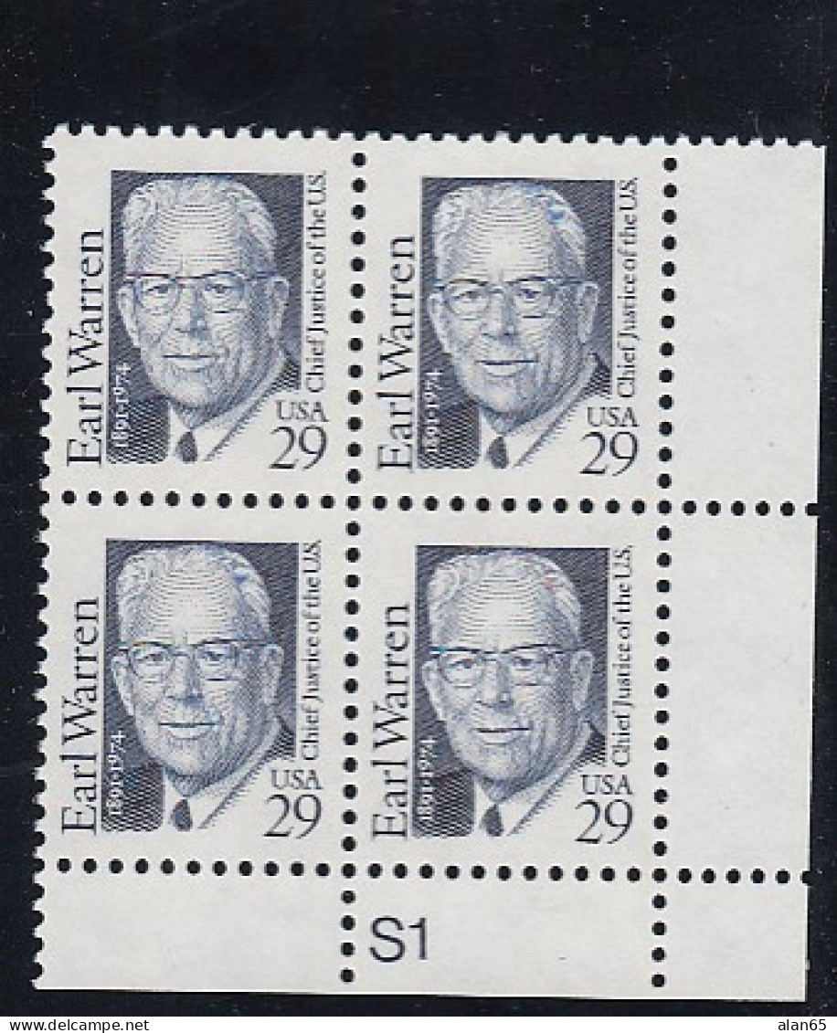 Sc#2184, Earl Warren Chief Justice Of US Surpreme Court, Great American Series 29-cent Plate # Block Of 4 MNH 1992 Issue - Plattennummern