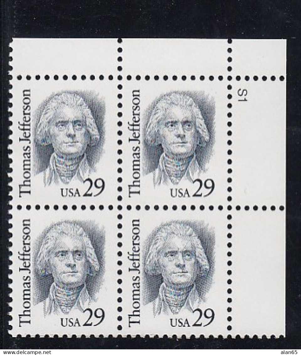 Sc#2185, Thomas Jefferson US President, Great American Series 29-cent Plate # Block Of 4 MNH 1993 Issue - Números De Placas