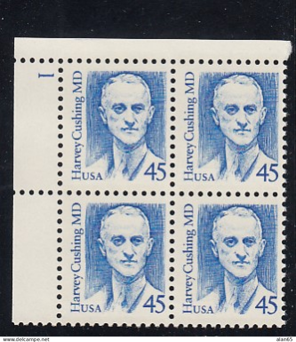 Sc#2188, Harvey Cushing MD Neurosurgeon, Great American Series 45-cent Plate # Block Of 4 MNH 1988 Issue - Plattennummern