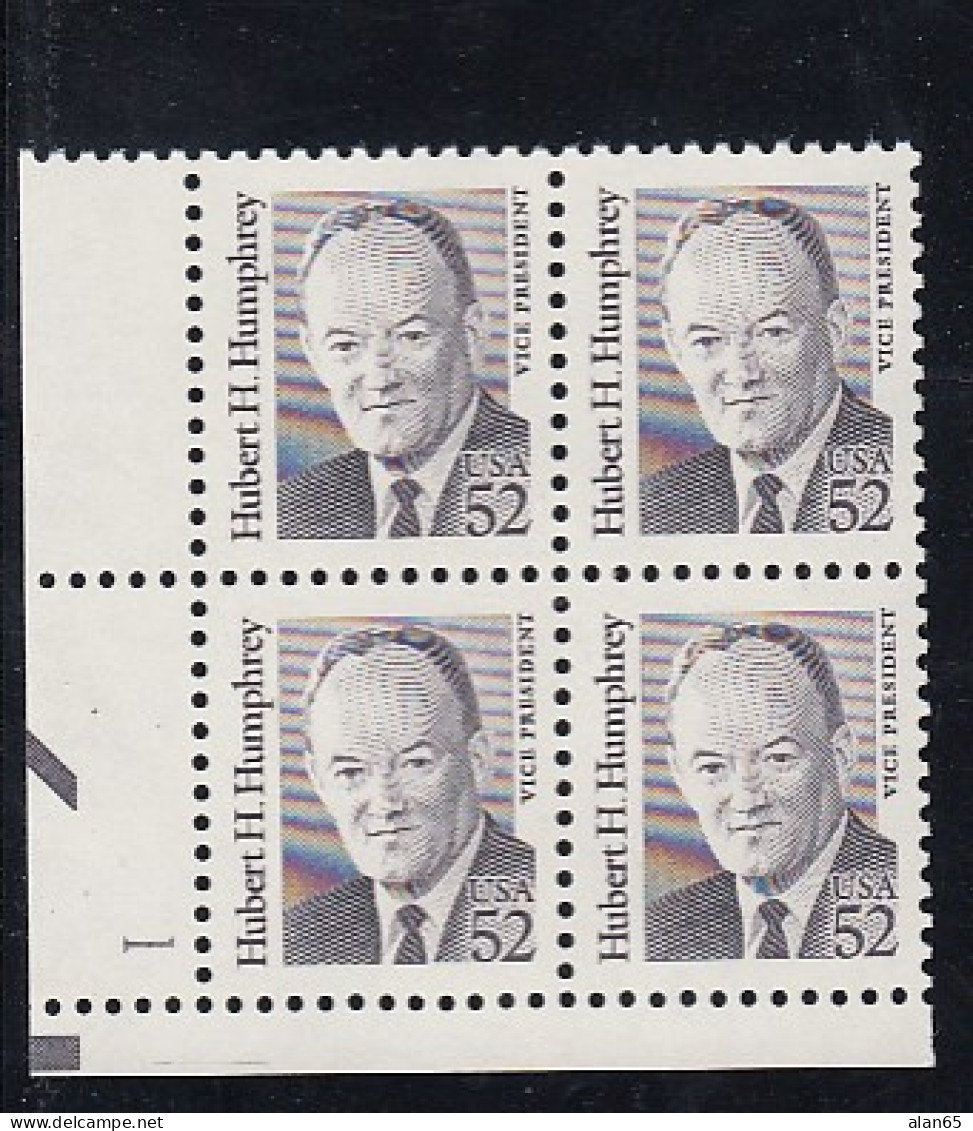 Sc#2189, Hubert H Humphrey, Great American Series 52-cent Plate # Block Of 4 MNH 1991 Issue - Plate Blocks & Sheetlets