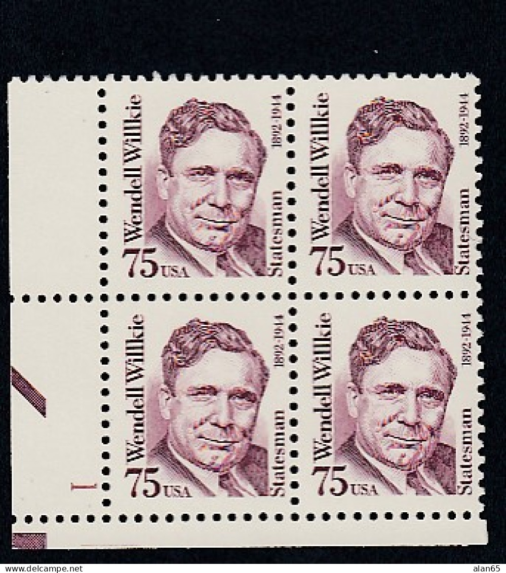 Sc#2192, Wendall Willkie Lawyer Presidential Candidate, Great American Series 75-cent Plate # Block Of 4 MNH 1992 Issue - Plaatnummers