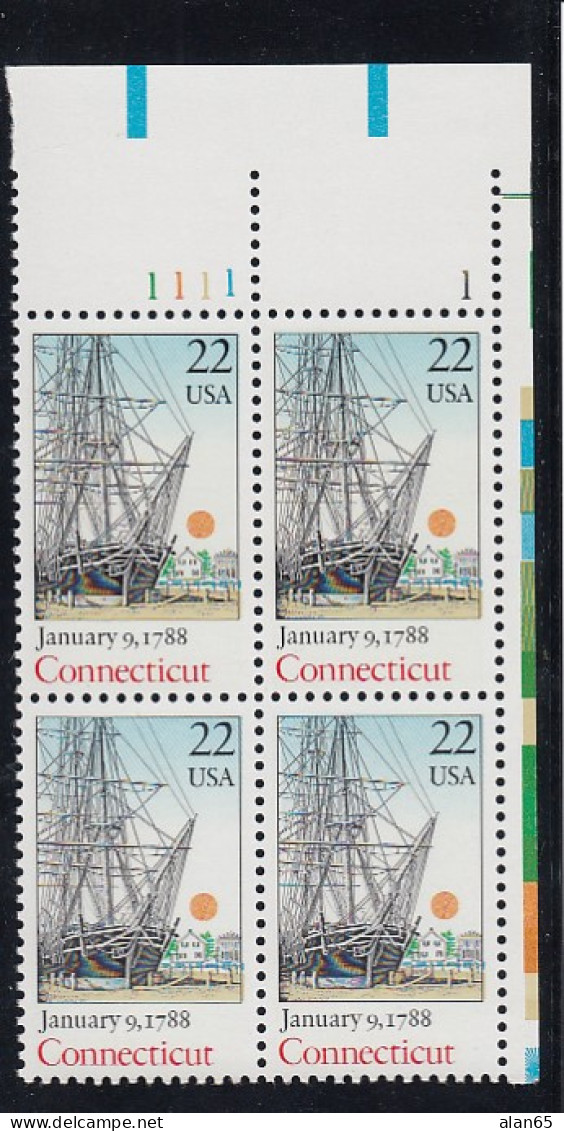 Sc#2340, Connecticut US Constitution Ratification Bicentennial 22-cent Plate # Block Of 4 MNH 1988 Issue - Números De Placas