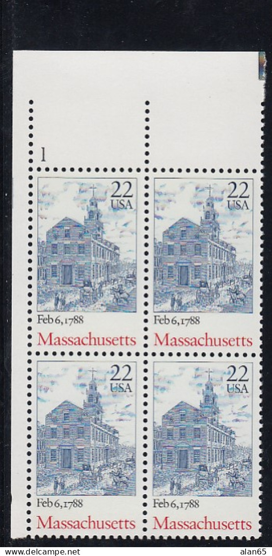 Sc#2341, Massachusetts US Constitution Ratification Bicentennial 22-cent Plate # Block Of 4 MNH 1988 Issue - Plaatnummers