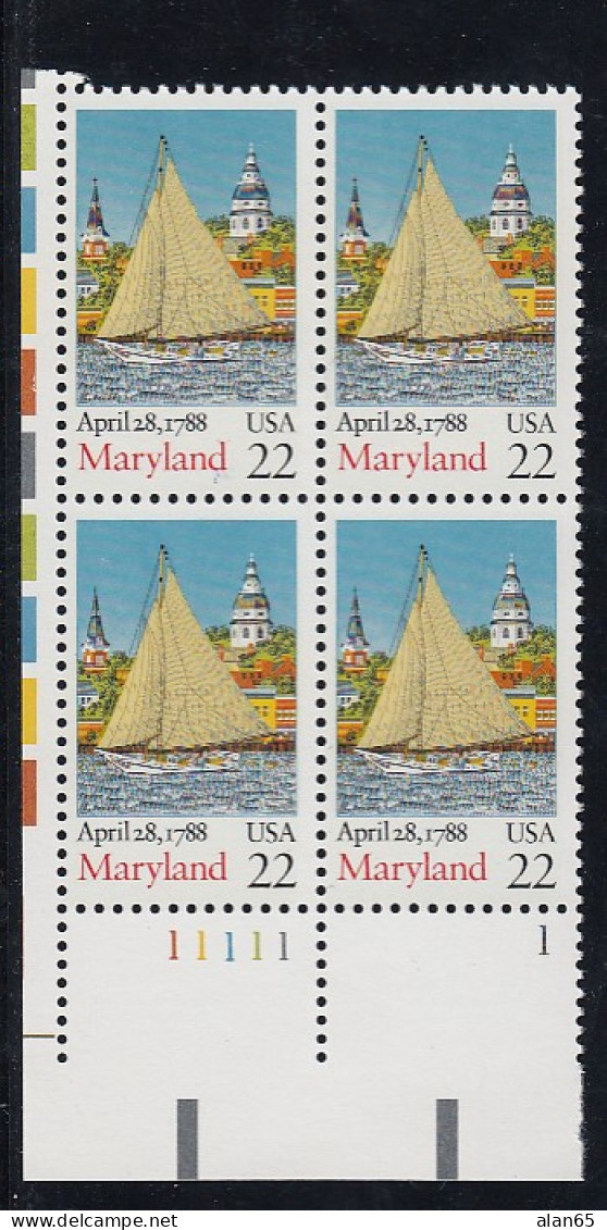 Sc#2342, Maryland US Constitution Ratification Bicentennial 22-cent Plate # Block Of 4 MNH 1988 Issue - Plattennummern