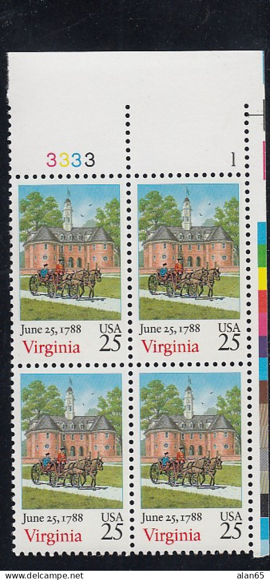 Sc#2345, New Hampshire US Constitution Ratification Bicentennial 25-cent Plate # Block Of 4 MNH 1988 Issue - Plattennummern