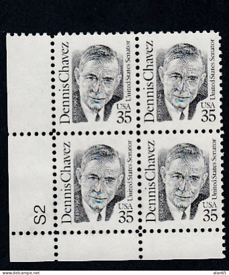 Sc#2186, Dennis Chavez US Senator & Representative, Great American Series Plate # Block Of 4, 1991 35-cent Issue - Plattennummern