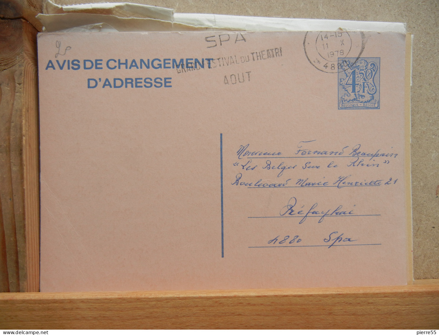 EP - Avis Changement Adresse - 4Fr50 Bleu Lion Héraldique Oblit Flamme Spa 1978 - Adreswijziging