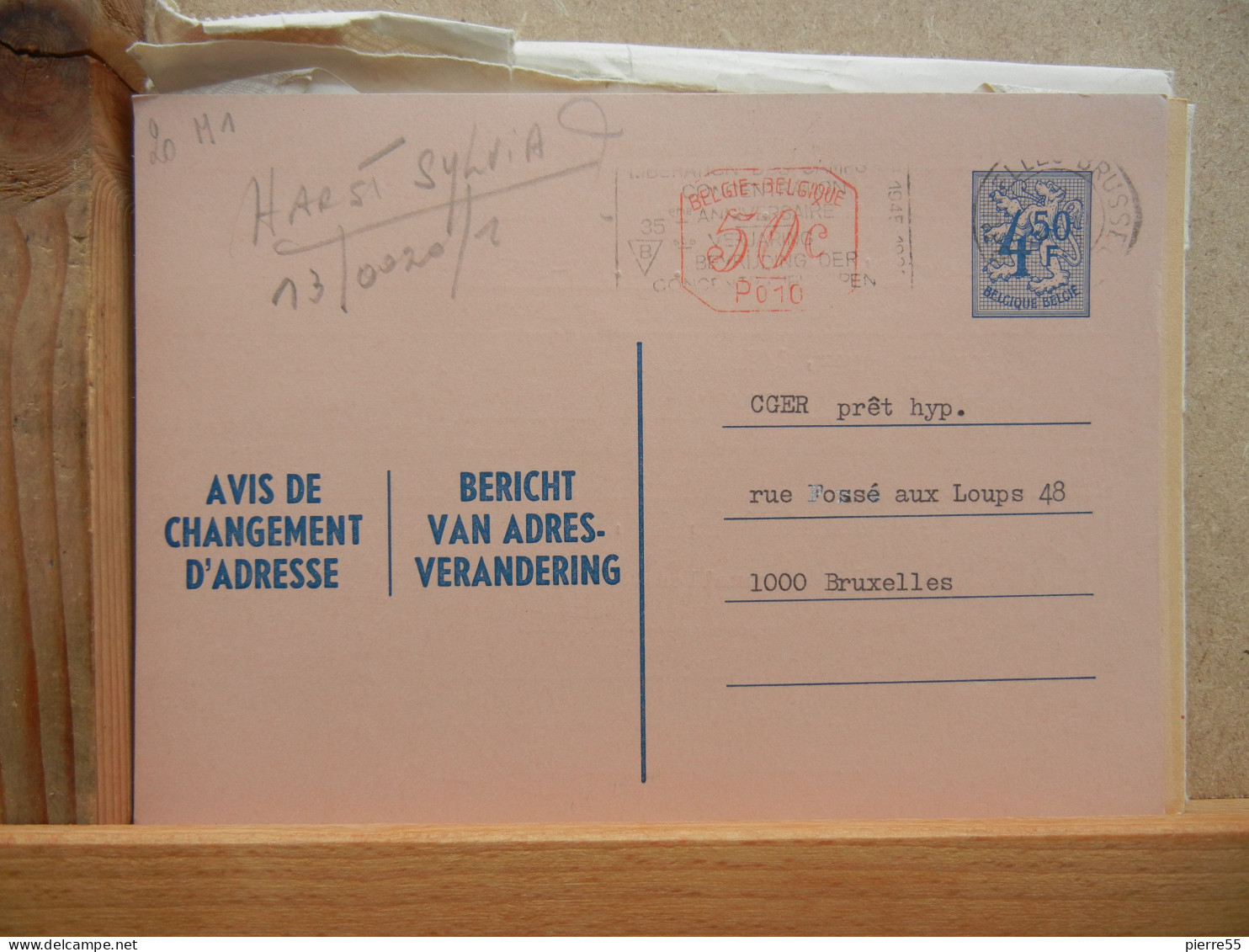 EP - Avis Changement Adresse - 4Fr50 Bleu Lion Héraldique+ Complement Machine 50c Oblit Flamme Brxls 1980 - Adreswijziging