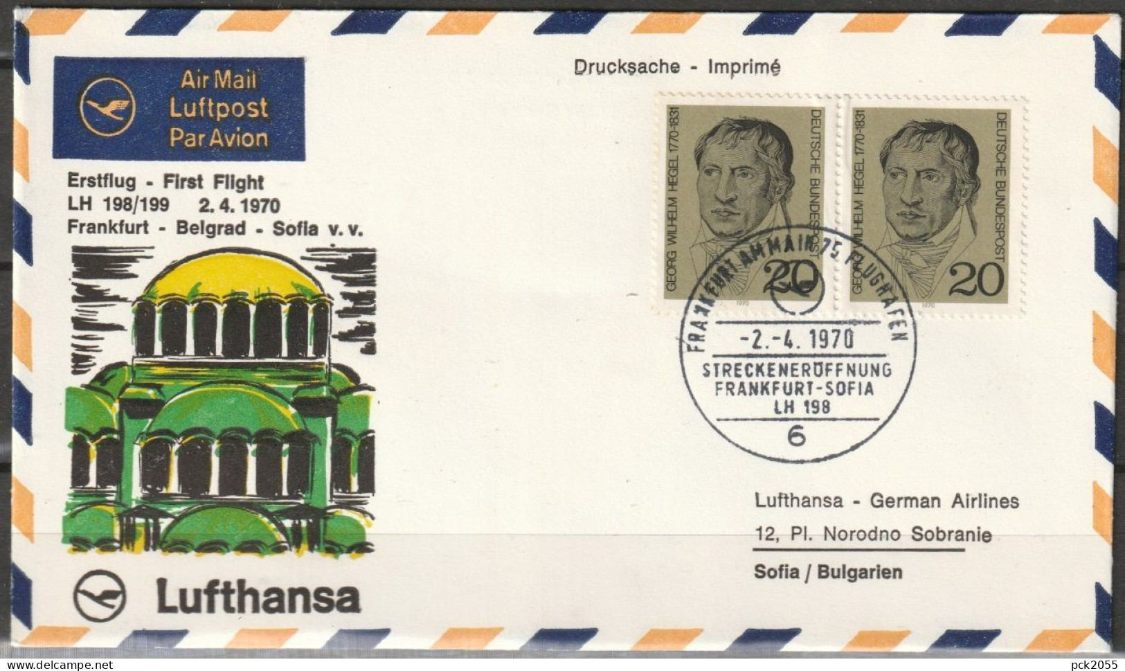 BRD Flugpost / Erstflug LH 198 Boeing 727 Frankfurt - Sofia 2.4.1970 Ankunftstempel 2.4.70 ( FP 20) - Premiers Vols