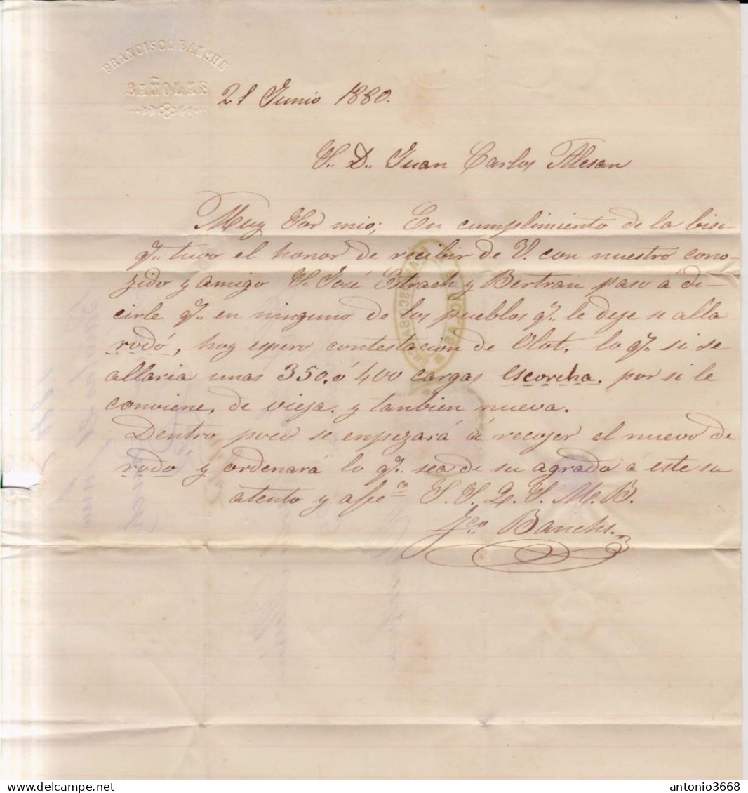 Año 1879 Edifil 204 Alfonso XII Carta Matasellos Bañolas Gerona Membrete Francisco Banchs - Cartas & Documentos