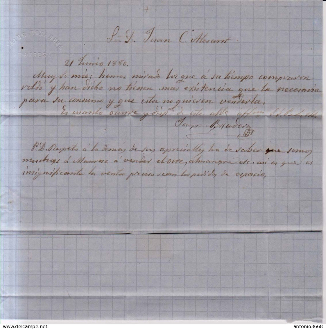 Año 1879 Edifil 204 Alfonso XII Carta Matasellos Manresa Barcelona  Membrete Jaume Boxadera - Lettres & Documents