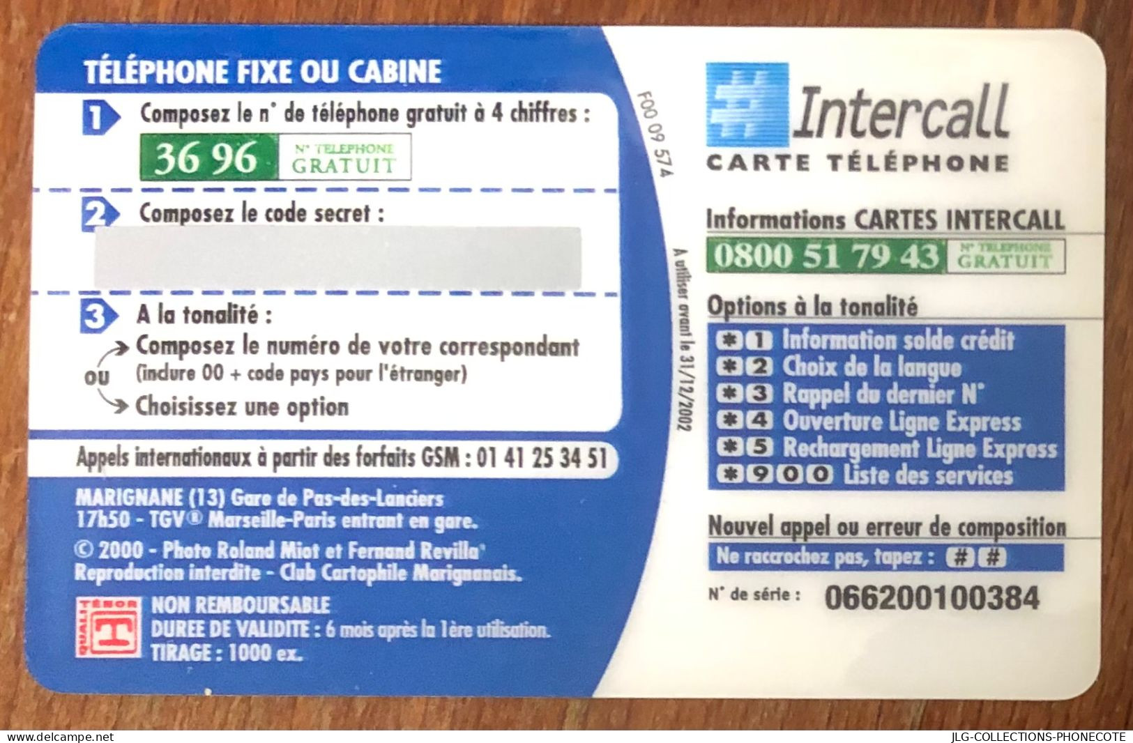 MARIGNANE GARE TGV CARTE INTERCALL PREPAID PREPAYÉE CALLING CARD NO TELECARTE PHONECOTE TELEFONKARTE SCHEDA PHONECARD - Réunion