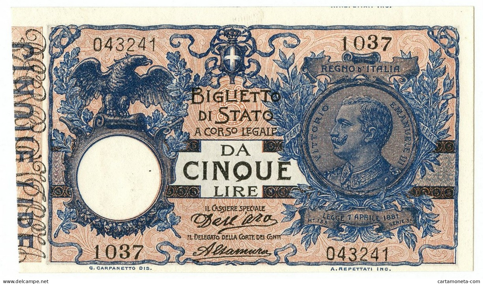 5 LIRE BIGLIETTO DI STATO VITTORIO EMANUELE III FLOREALE 27/12/1911 QFDS - Regno D'Italia - Altri