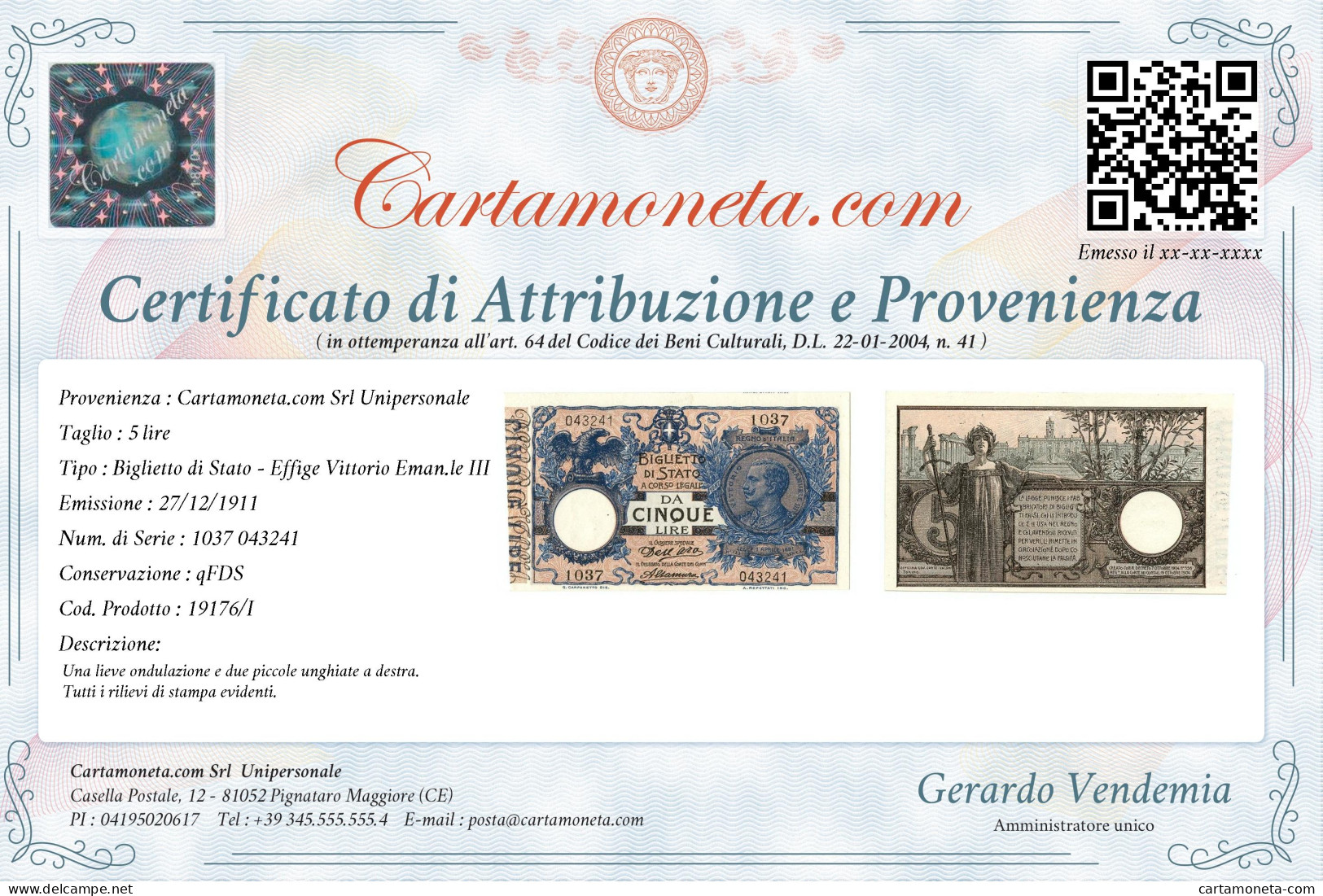 5 LIRE BIGLIETTO DI STATO VITTORIO EMANUELE III FLOREALE 27/12/1911 QFDS - Regno D'Italia – Autres