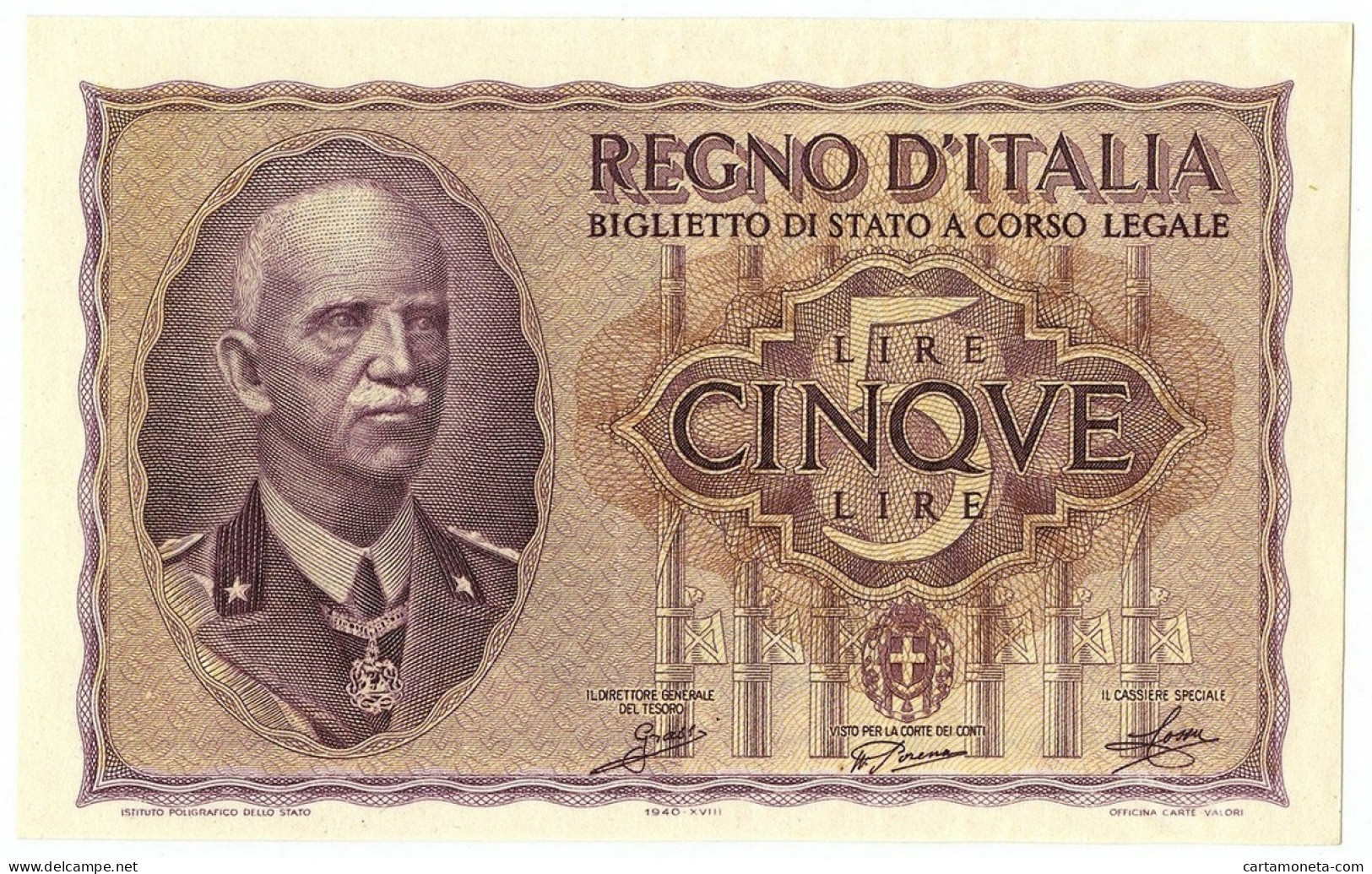 5 LIRE BIGLIETTO DI STATO VITTORIO EMANUELE III FASCIO 1940 XVIII QFDS - Otros