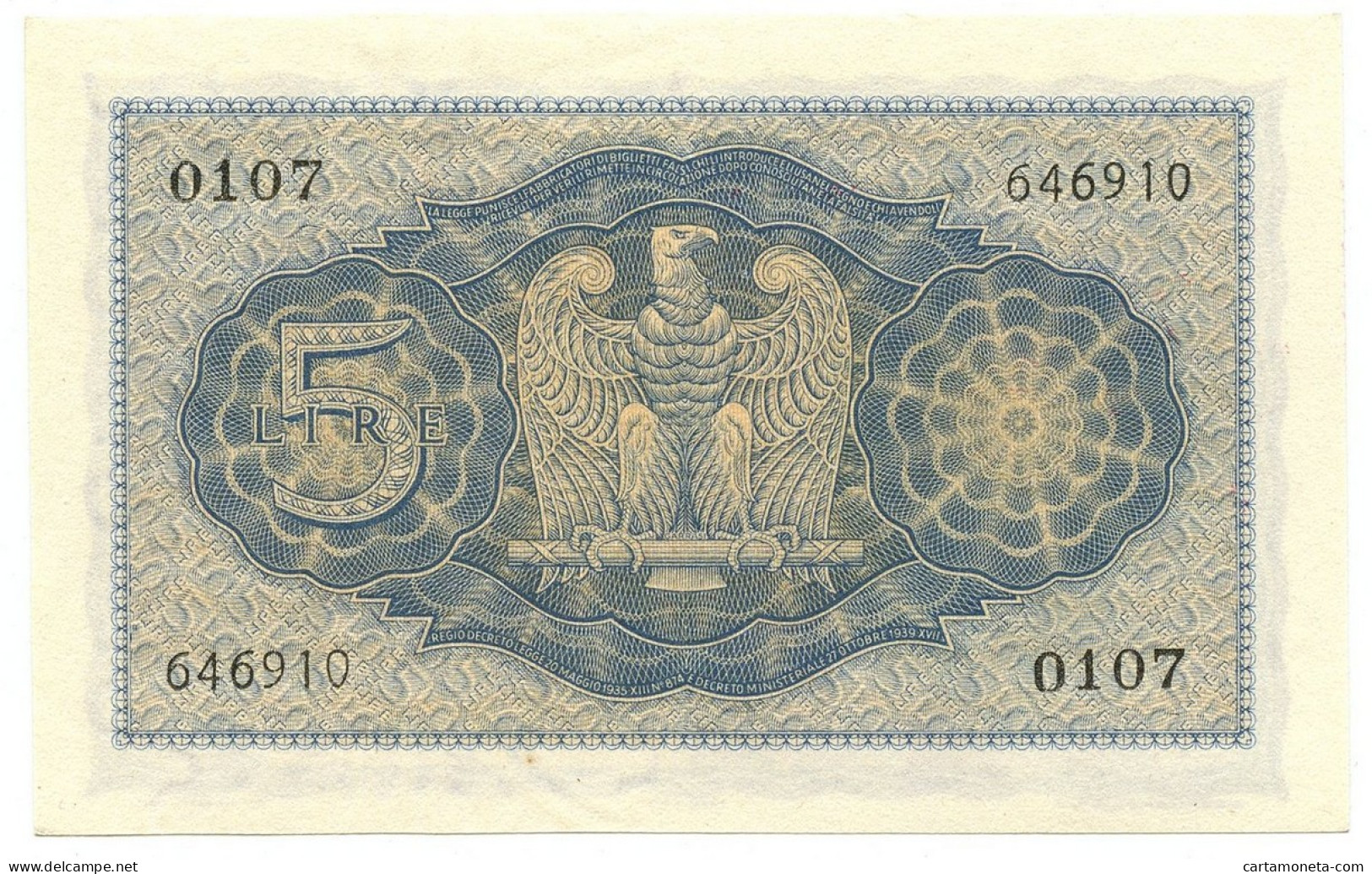 5 LIRE BIGLIETTO DI STATO VITTORIO EMANUELE III FASCIO 1940 XVIII QFDS - Otros