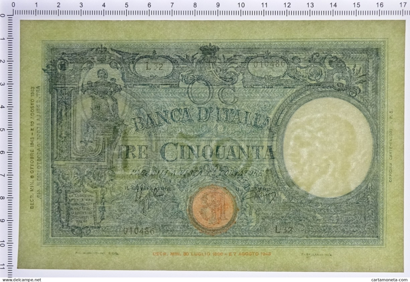 50 LIRE BARBETTI GRANDE L SENZA MATRICE BI RSI 08/10/1943 QFDS - Regno D'Italia – Other