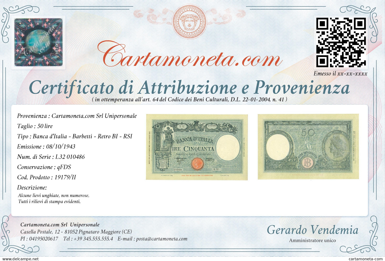 50 LIRE BARBETTI GRANDE L SENZA MATRICE BI RSI 08/10/1943 QFDS - Regno D'Italia – Autres