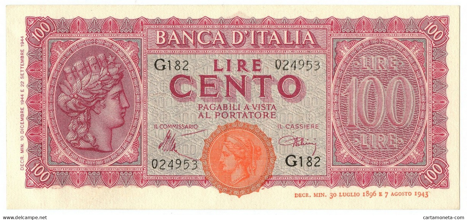 100 LIRE ITALIA TURRITA TESTINA 10/12/1944 SUP- - Andere