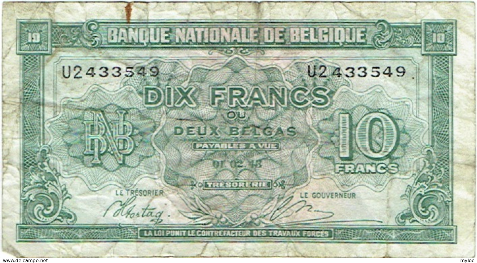 Billet.  Belgique. 10 Francs Ou Deux Belgas. 01-02-43. - Altri & Non Classificati