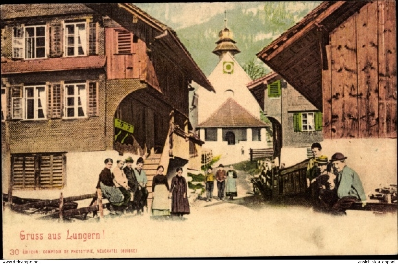 CPA Lungern Kanton Obwalden, Stadtansicht, Passanten - Lungern