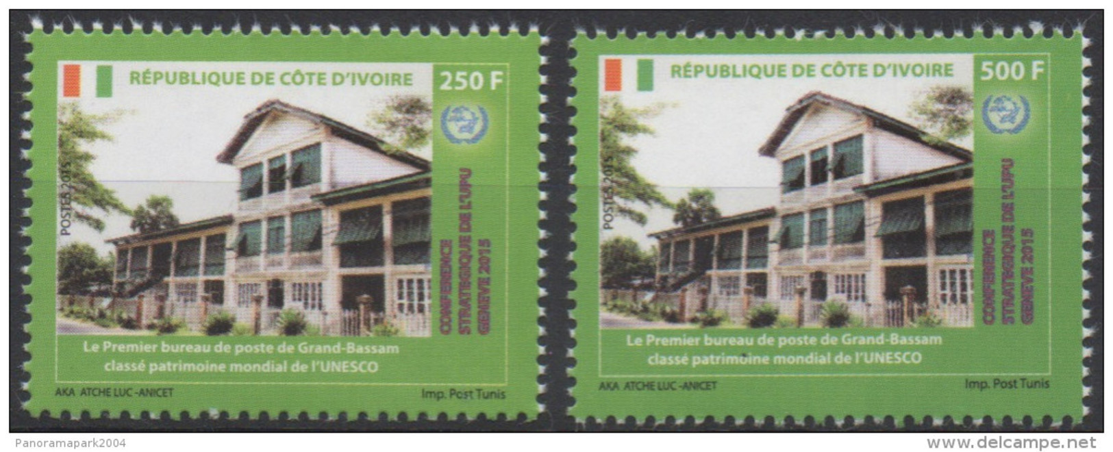 Côte D'Ivoire Ivory Coast 2015 Paire Satz Set 250 & 500F Conférence Stratégique UPU Grand-Bassam Unesco 2 Val. - Côte D'Ivoire (1960-...)