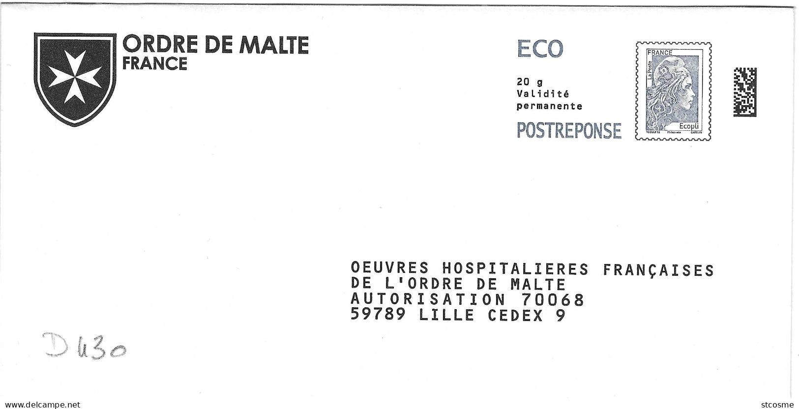 D0430 Entier / Stationery / PSE - PAP Réponse Ciappa - Oeuvres Hospitalières Ordre De Malte - Agrément 325985 - PAP: Antwort/Ciappa-Kavena