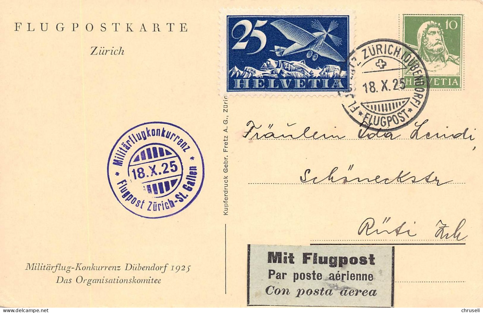 Aviatik Flugpostkarte Dübendorf Militärflugwoche 1925 Flugpost Zürich - St. Gallen - Dübendorf