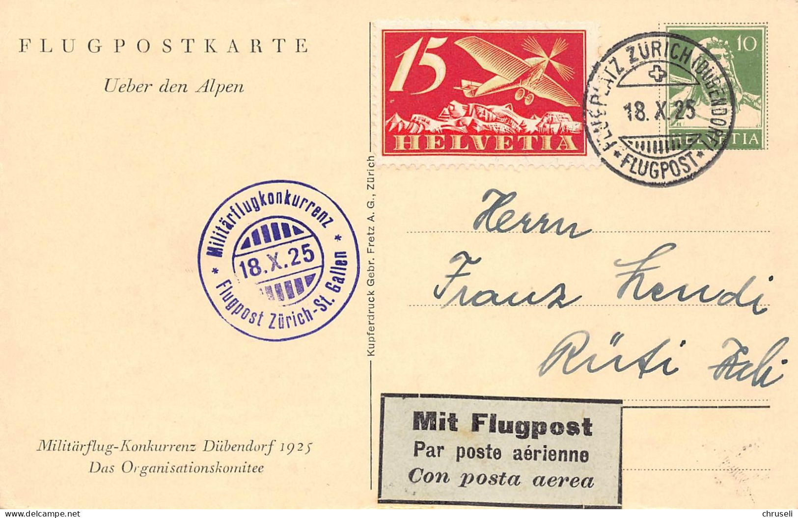 Aviatik Flugpostkarte Dübendorf Militärflugwoche 1925 Flugpost Zürich - St. Gallen - Dübendorf