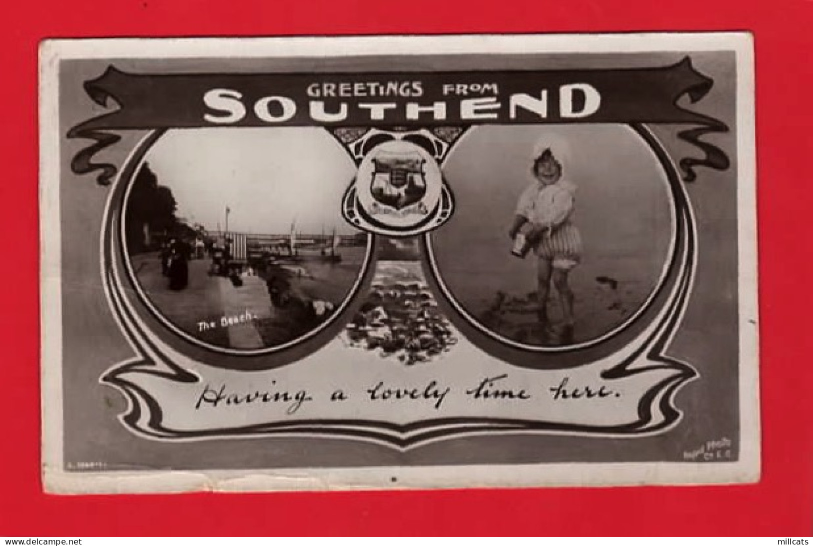 UK ESSEX GREETINGS FROM SOUTHEND 2 VIEW +HERALDIC CREST  RP Pu 1910 - Southend, Westcliff & Leigh
