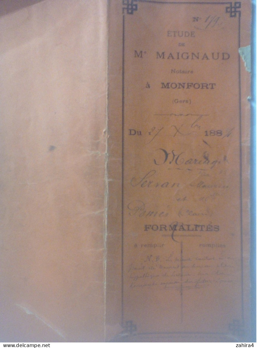 Acte Notaire Mariage 1884 Monfort Gers Mr Jean-Maurice Servancultivateur à Bayonnette Melle Pomès Claire Bayonnette Gers - Manuscrits