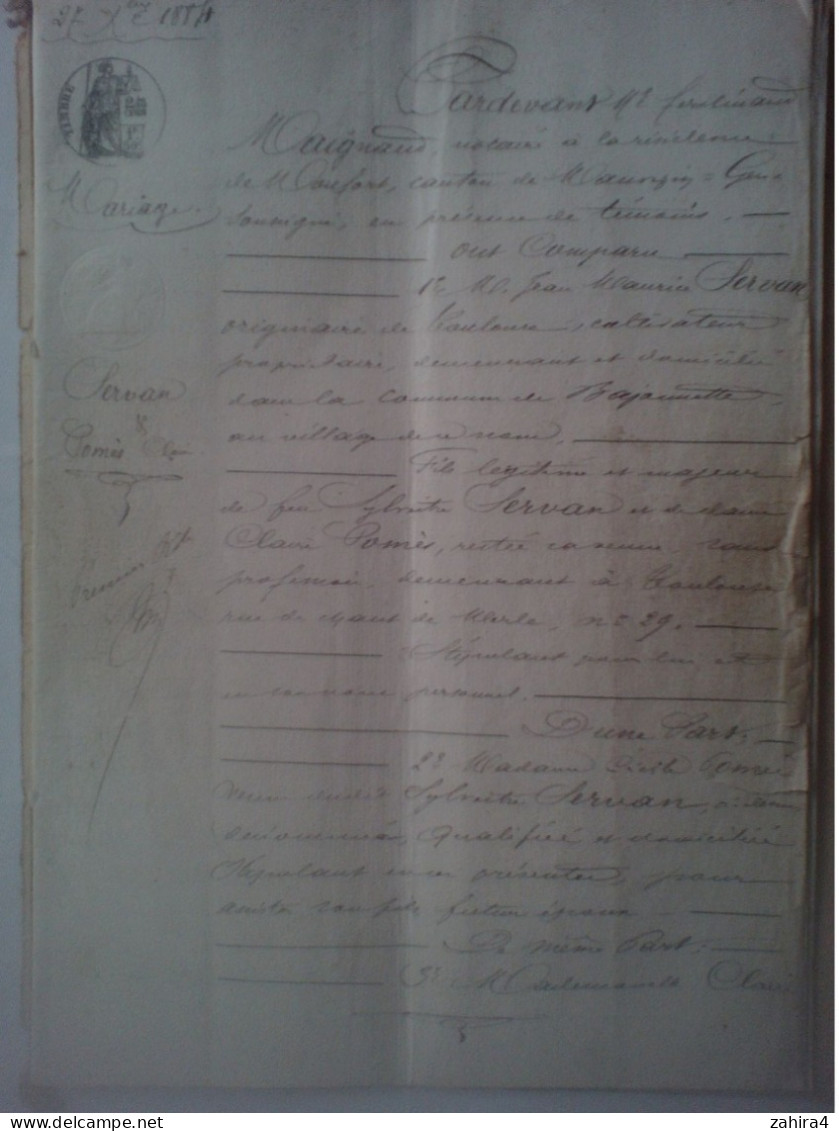 Acte Notaire Mariage 1884 Monfort Gers Mr Jean-Maurice Servancultivateur à Bayonnette Melle Pomès Claire Bayonnette Gers - Manuscrits