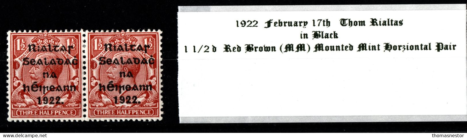 1922 Thom Rialtas In Black Ink 1 1/2 D Red Brown (MM) Mounted Mint Horizontal Pair - Unused Stamps