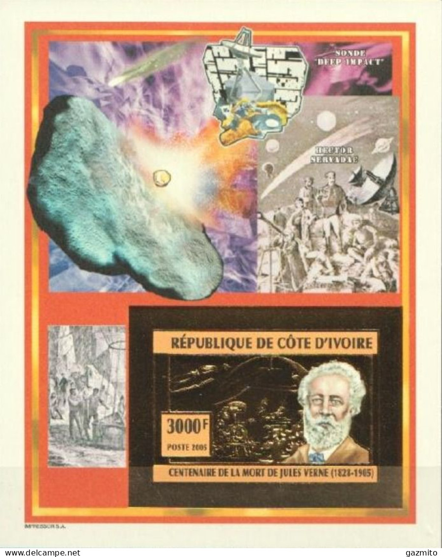 Ivory Coast 2005, Jules Verne, Space, Meteors, BF IMPERFORATED GOLD - Côte D'Ivoire (1960-...)