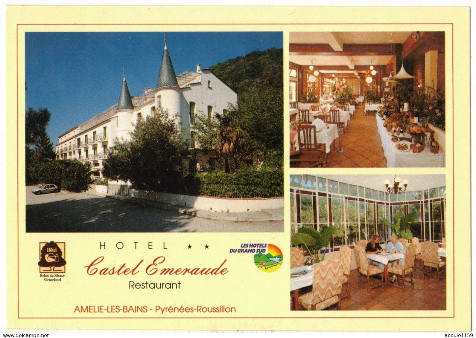 PYRENEES ORIENTALES AMELIE LES BAINS ( 66 ) : HÔTEL CASTEL EMERAUDE - SOUVENIR MULTIVUES SALON FACADE HÔTEL AVEC VOITURE - Amélie-les-Bains-Palalda