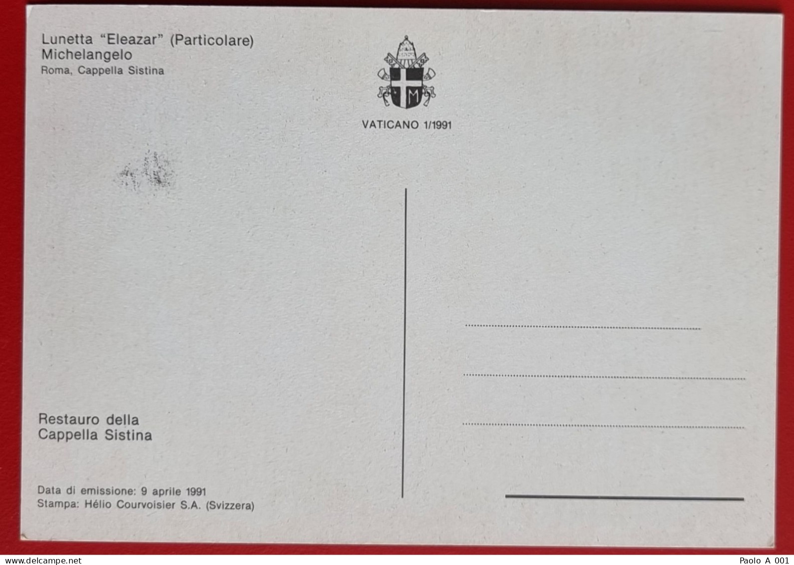 VATICANO VATIKAN VATICAN 1991 LUNETTA ELEAZAR CAPPELLA SISTINA SISTINE CHAPEL MAXIMUM CARD - Storia Postale