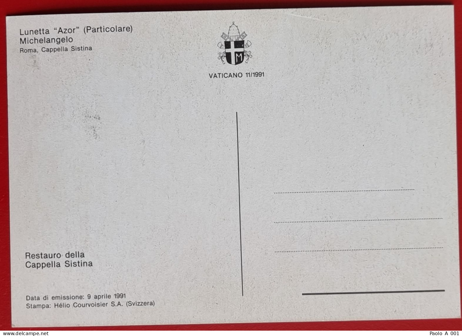 VATICANO VATIKAN VATICAN 1991 LUNETTA AZOR CAPPELLA SISTINA SISTINE CHAPEL MAXIMUM CARD - Storia Postale