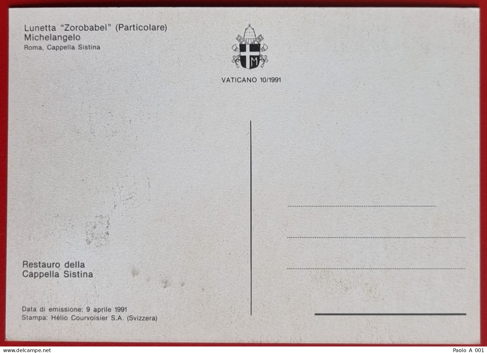 VATICANO VATIKAN VATICAN 1991 LUNETTA ZOROBABEL CAPPELLA SISTINA SISTINE CHAPEL MAXIMUM CARD - Lettres & Documents
