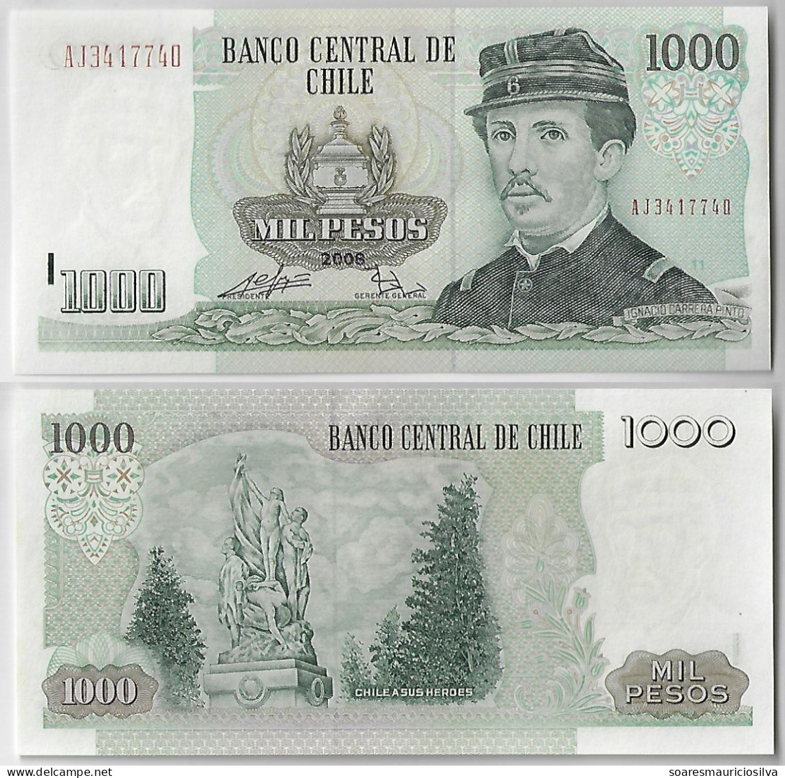 Chile Banknote 1.000 1,000 1000 Pesos 2008 Capitain Ignacio Carrera Pinto Pick-154g UNC Uncirculated - Cile