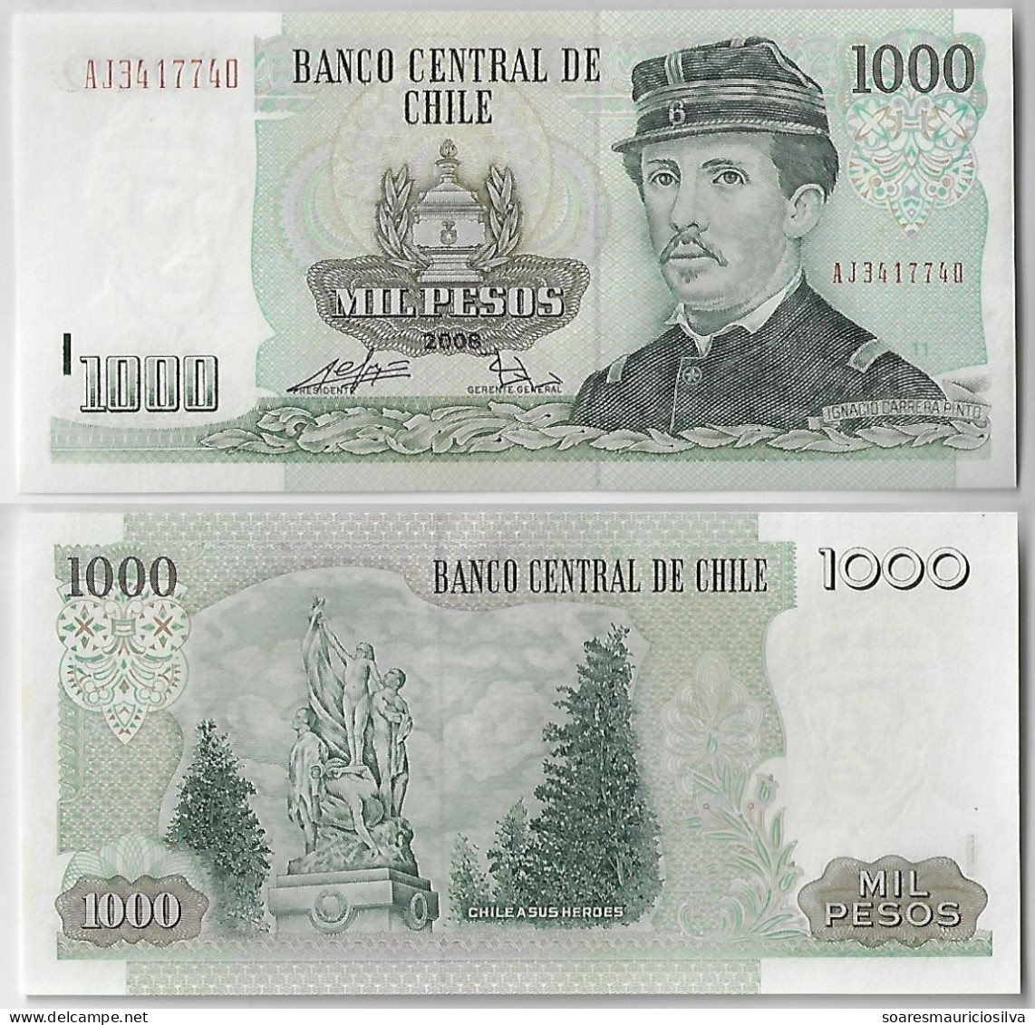 Chile Banknote 1.000 1,000 1000 Pesos 2008 Capitain Ignacio Carrera Pinto Pick-154g UNC Uncirculated - Chili