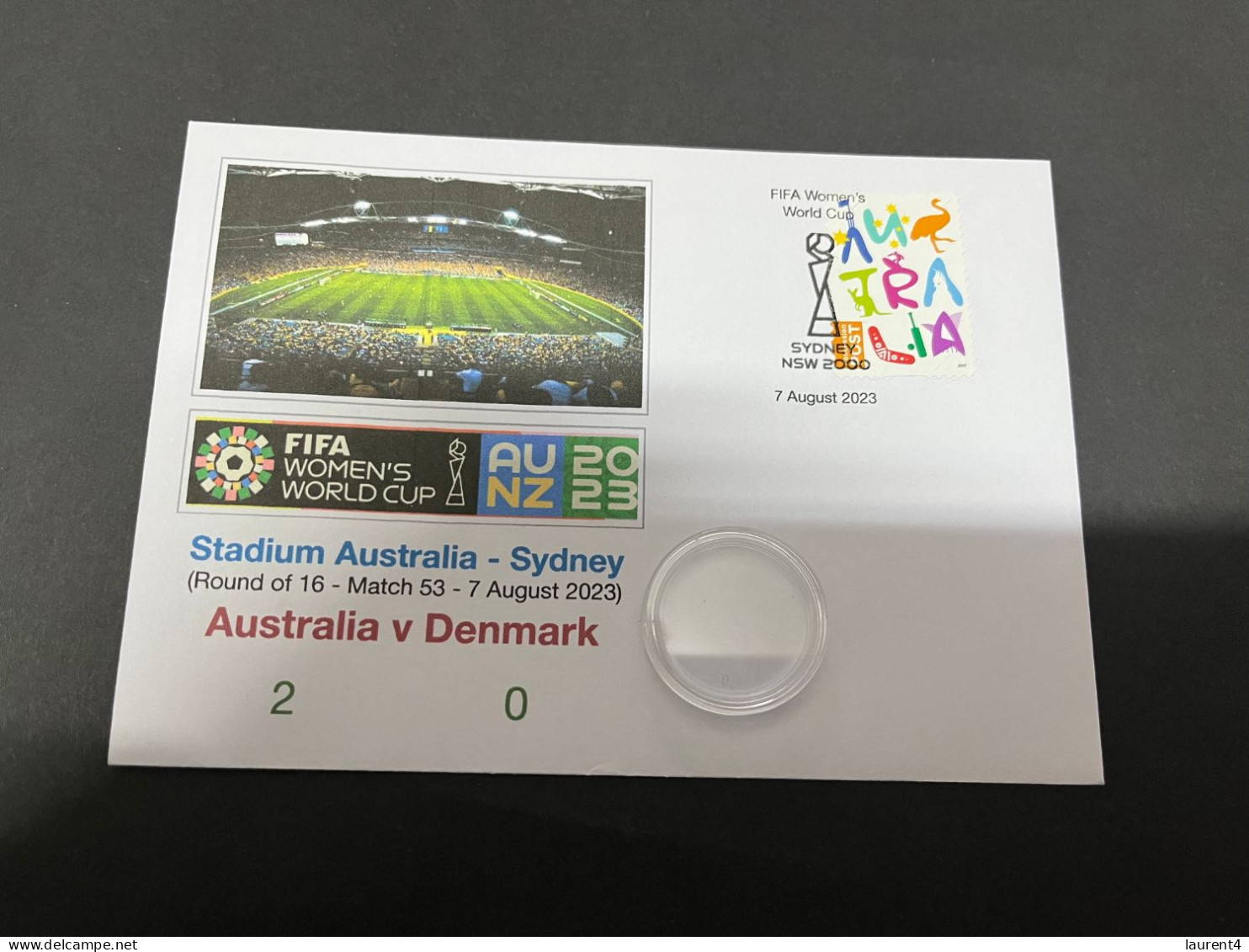 8-8-2023 (1 T 44) FIFA Women's Football World Cup Match 53 (stamp + $ 1.00 Coin) Australia (2) V Denmark (0) - Dollar