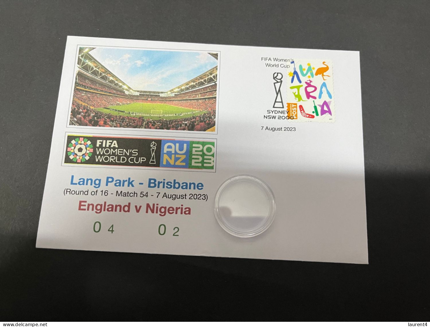 8-8-2023 (1 T 44) FIFA Women's Football World Cup Match 54 (stamp + $ 1.00 Coin) England (0-4) V Nigeria (0-2) - Dollar