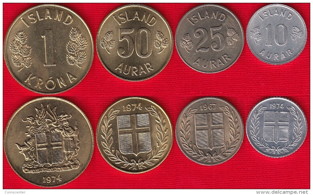 Iceland Set Of 4 Coins: 10 Aurar - 1 Krona 1967-1974 UNC - Island