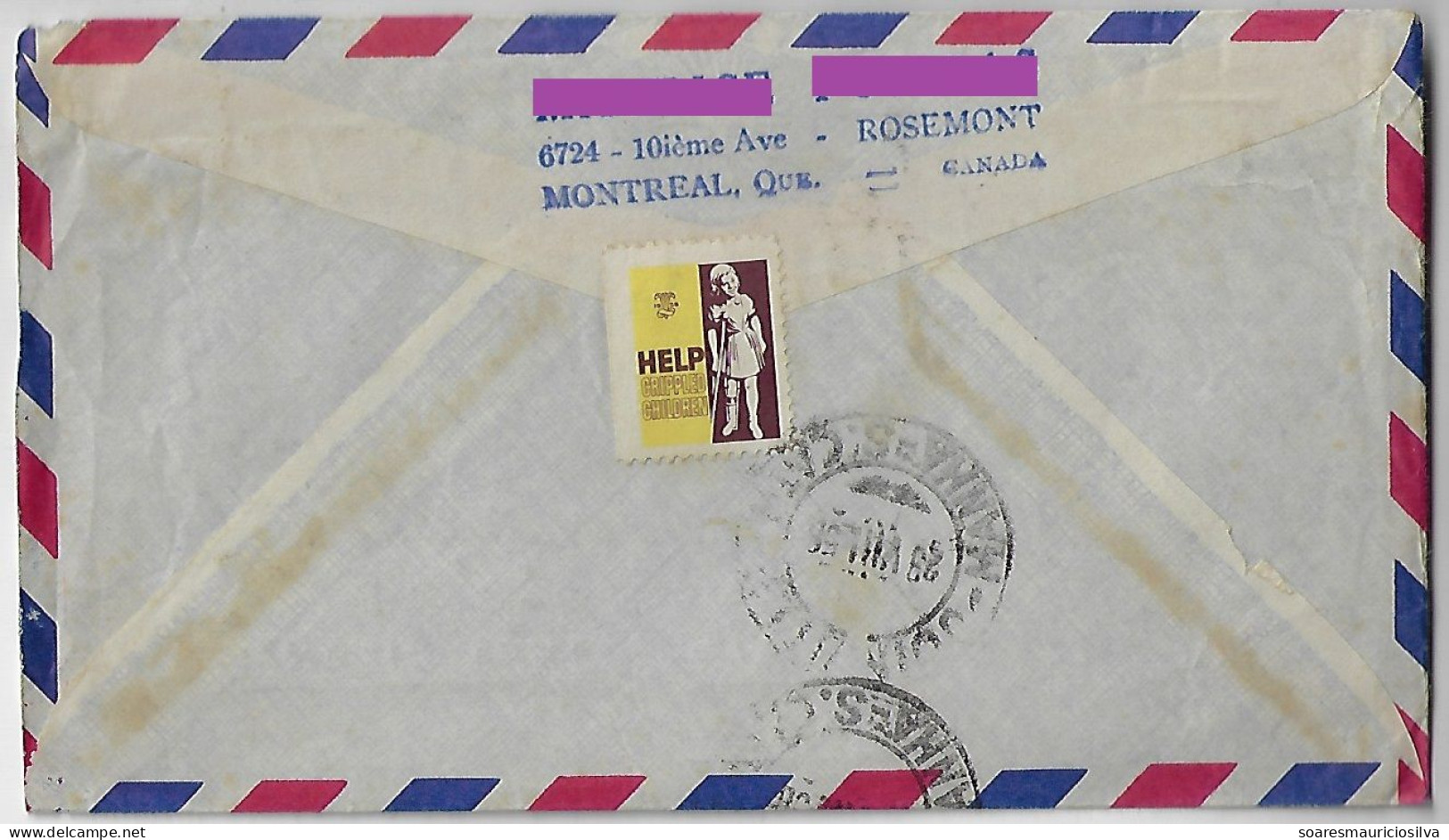 Canada 1958 Airmail Cover Sent From Montreal To Joinville Brazil 2 Stamp + Label Help Crippled Children - Storia Postale